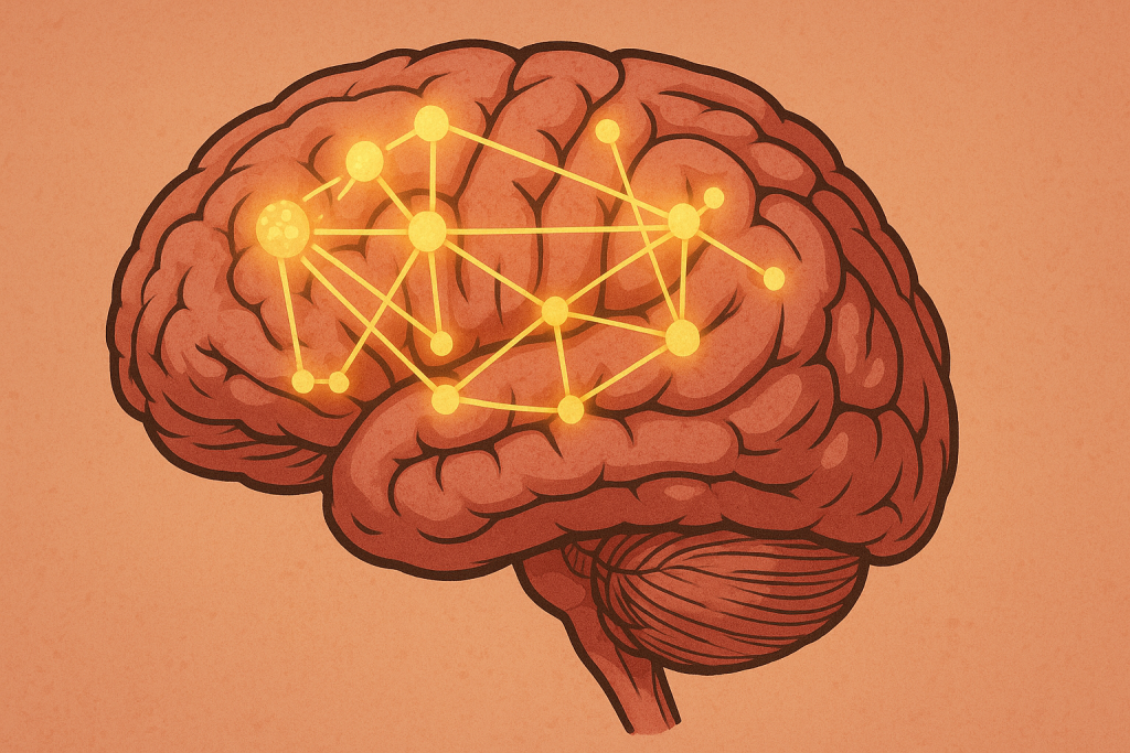 A detailed, semi-realistic illustration of a human brain, highlighting neural networks responsible for attention.