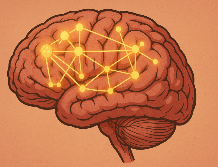 A detailed, semi-realistic illustration of a human brain, highlighting neural networks responsible for attention.