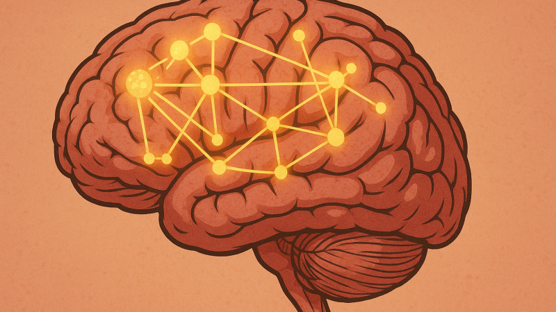 A detailed, semi-realistic illustration of a human brain, highlighting neural networks responsible for attention.
