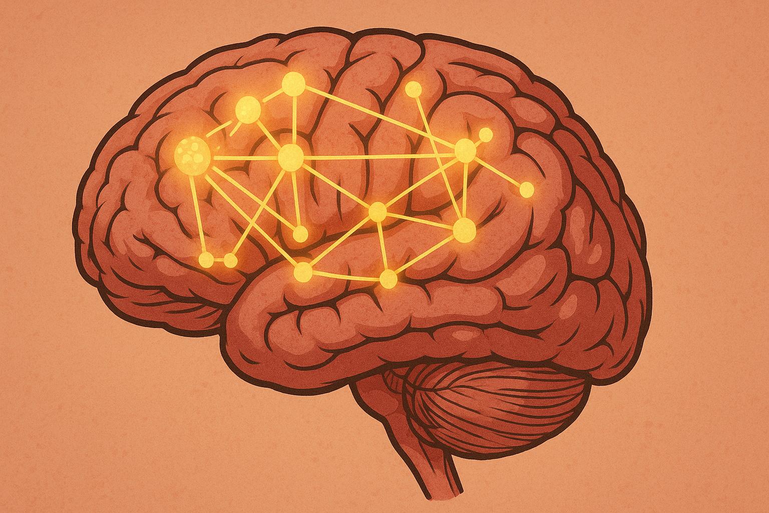 A detailed, semi-realistic illustration of a human brain, highlighting neural networks responsible for attention.