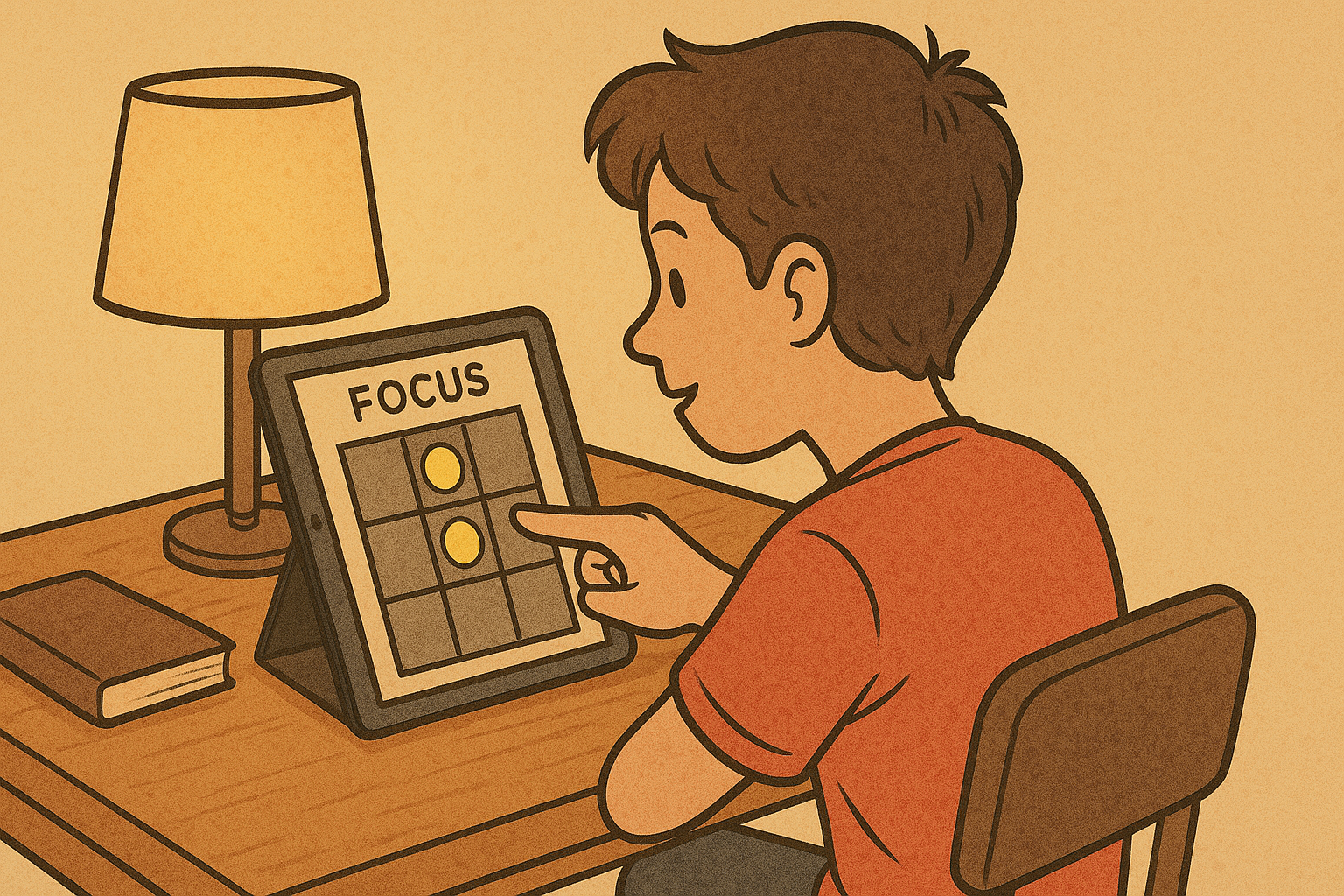 An illustration of a person sitting at a desk playing a focus game on a tablet.