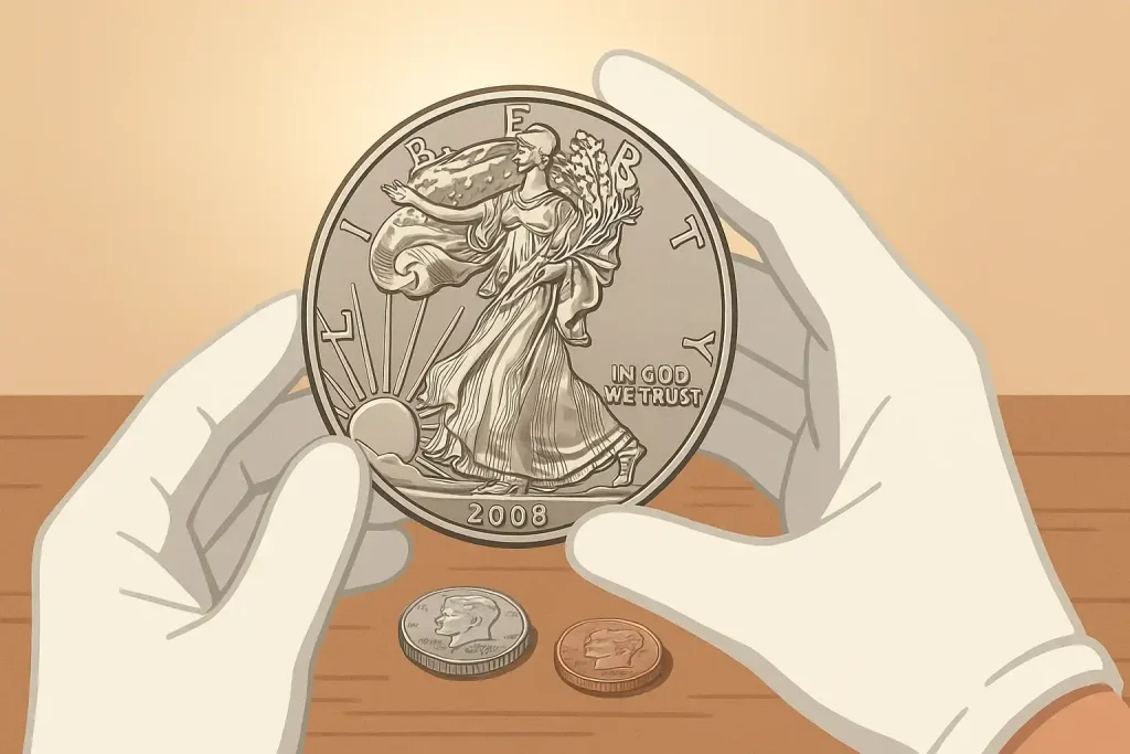 Hands in gloves are showing a 2008-W Silver Eagle coin.