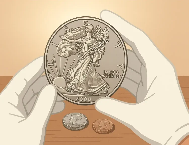 Hands in gloves are showing a 2008-W Silver Eagle coin.