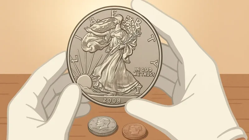 Hands in gloves are showing a 2008-W Silver Eagle coin.