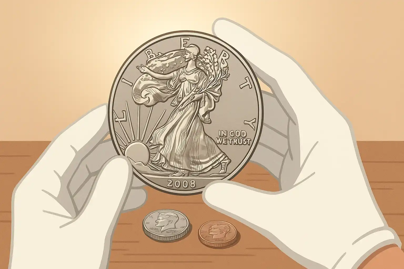 Hands in gloves are showing a 2008-W Silver Eagle coin.