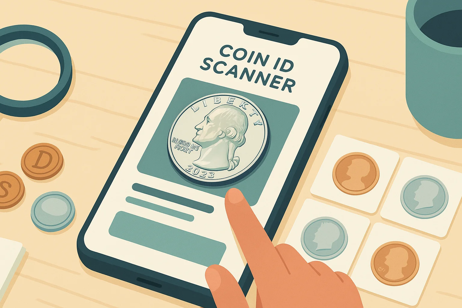 A hand tapping on the screen with an opened Coin ID Scanner.