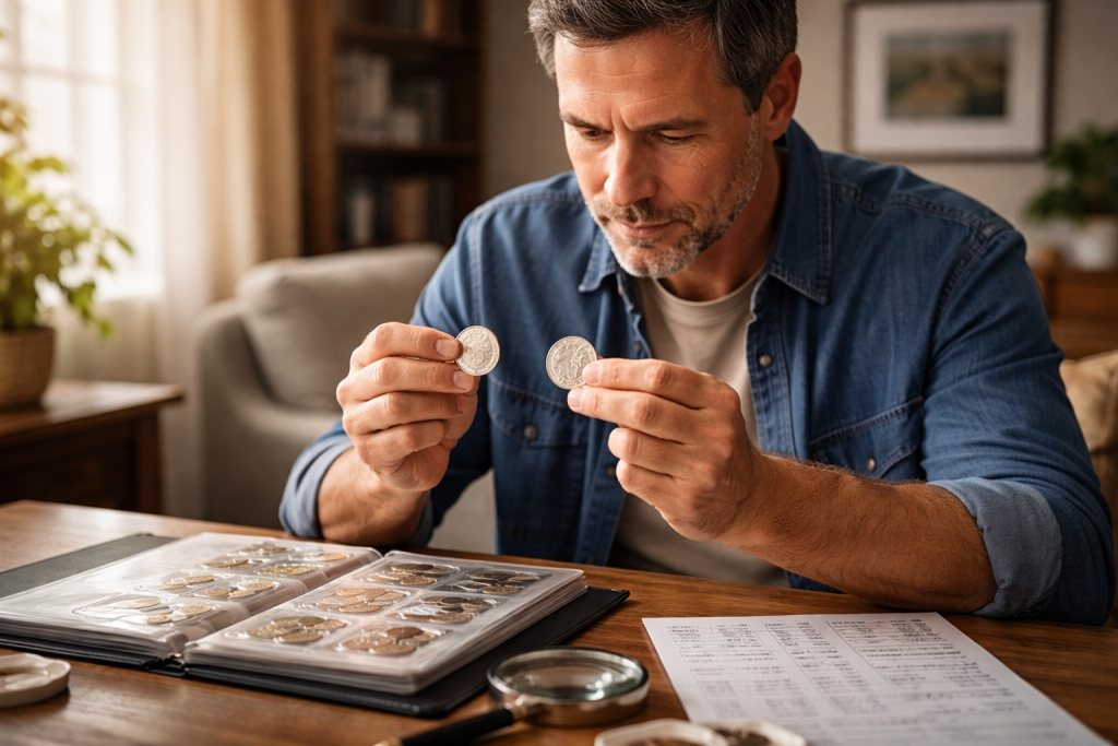 A middle-aged collector compares two coins of the same year side by side, revealing how differences in condition and eye appeal can lead to very different values.