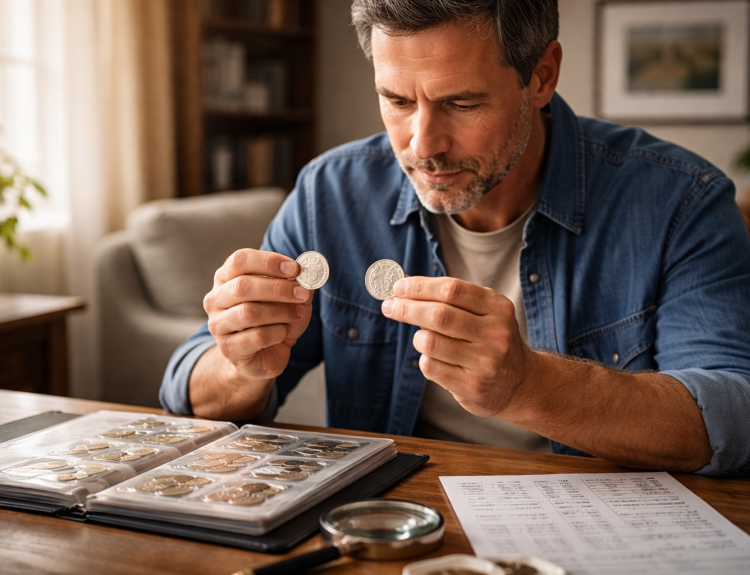 A middle-aged collector compares two coins of the same year side by side, revealing how differences in condition and eye appeal can lead to very different values.