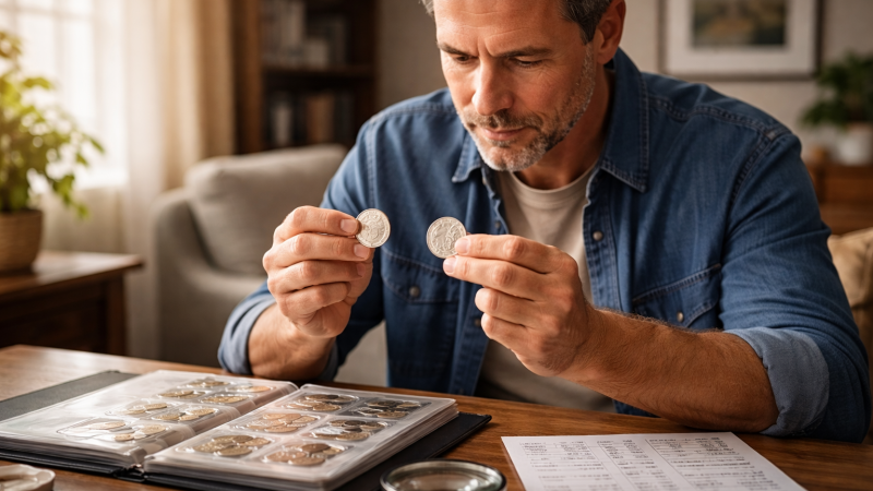 A middle-aged collector compares two coins of the same year side by side, revealing how differences in condition and eye appeal can lead to very different values.
