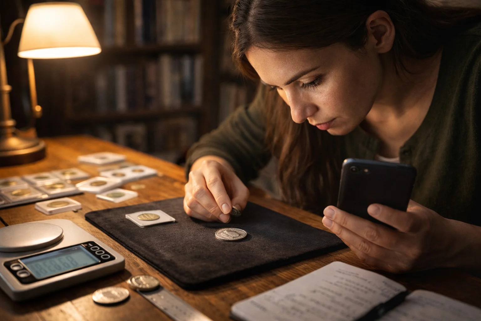 A young collector carefully examines coins on a soft mat under warm desk light, using reference tools and a smartphone to study minting details.