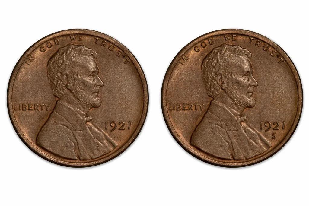 1921 Philadelphia and San Francisco issues of the Lincoln penny.