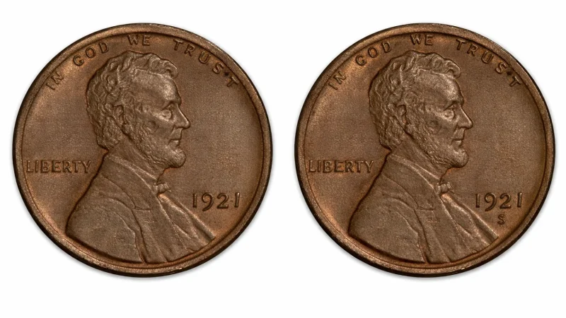 1921 Philadelphia and San Francisco issues of the Lincoln penny.