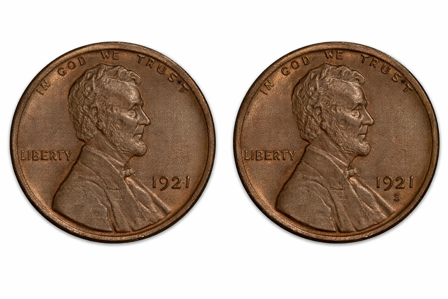 1921 Philadelphia and San Francisco issues of the Lincoln penny.
