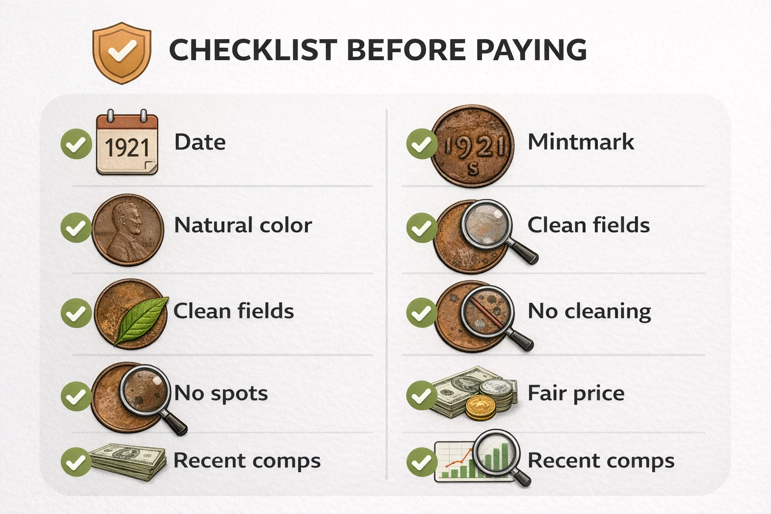 Checklist infographic with parameters to check before buying a coin.